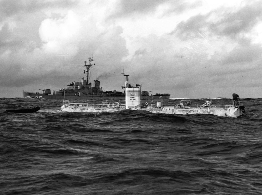 The bathyscaphe Trieste at sea over the Mariana Trench in 1960